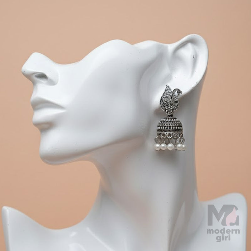 Royal Peacock Oxidised Jhumka with Pearl Drops