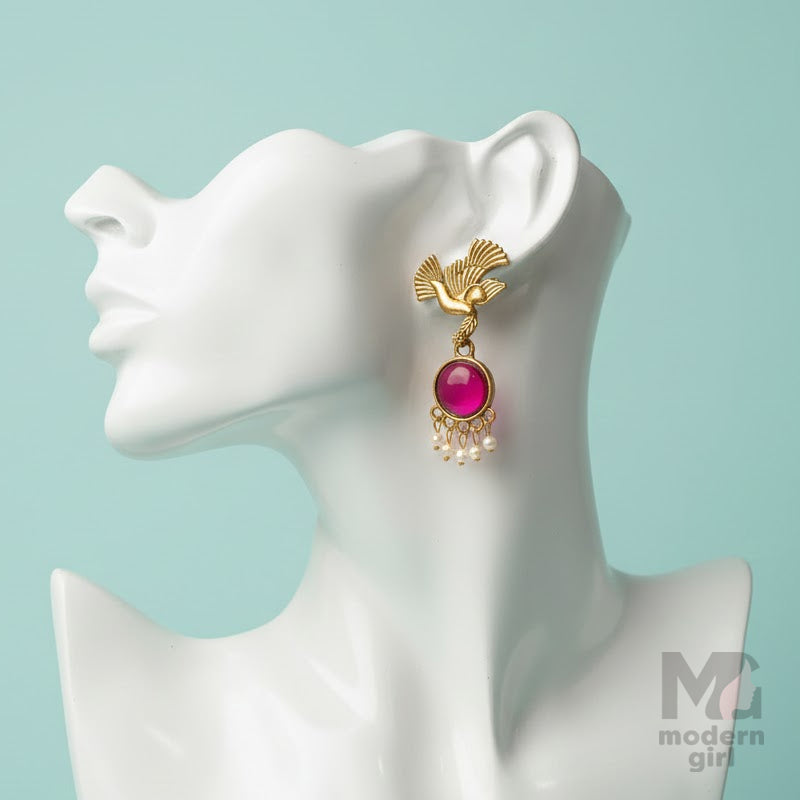 Flying Bird Pink Stone Drop Earrings with Pearl Danglers