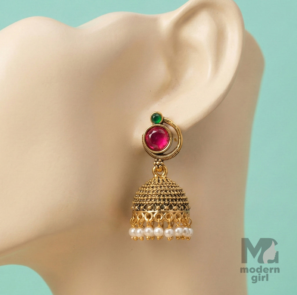 Traditional Gold Jhumka Earrings with Ruby & Green Stone