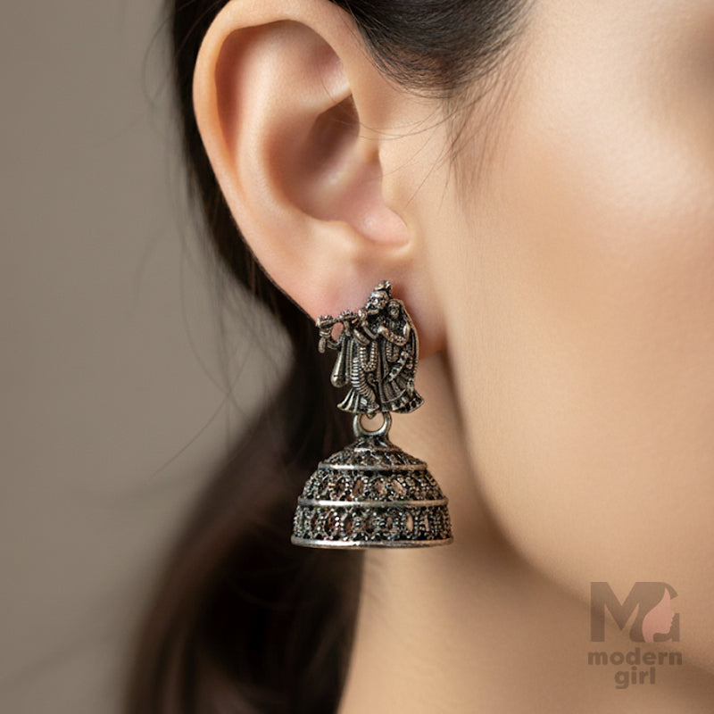 Krishna & Radha Flute Jhumka Earrings – Antique Oxidised Silver