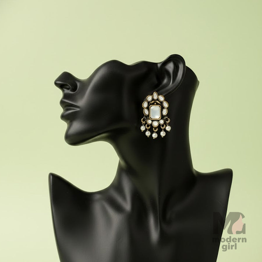 Royal Kundan Pearl Drop Earrings – German Silver Finish