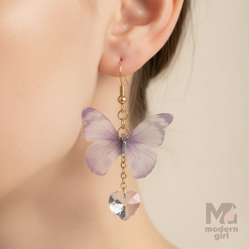 Butterfly Designed Heart Hanging Drop Dangle Earrings