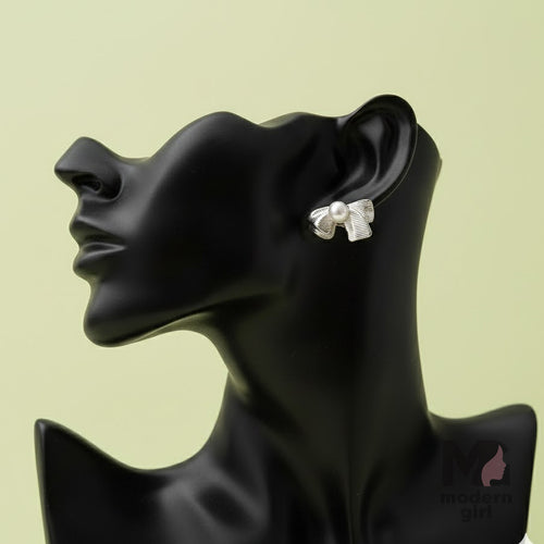 Silver Pearl Bow Elegance Stud Earrings