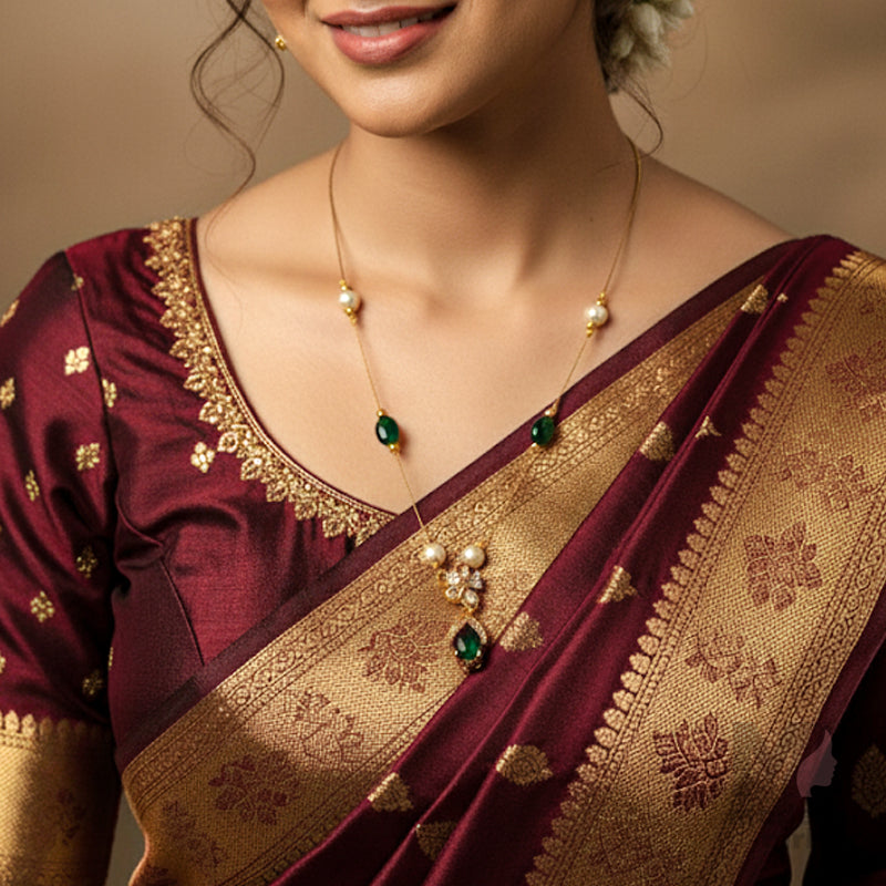 Invisible Chain Necklace with Green Teardrop & Pearls