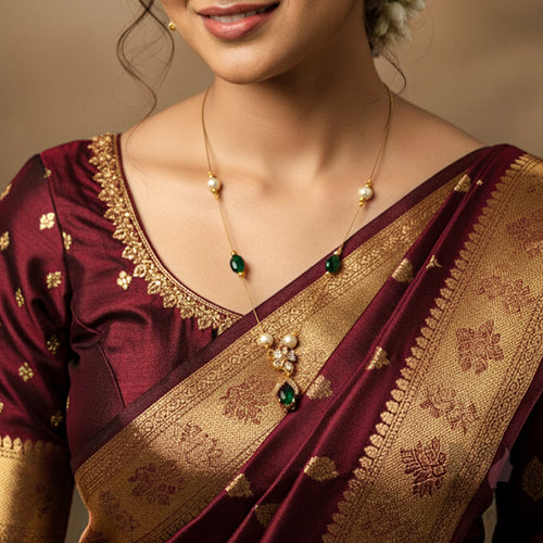 Invisible Chain Necklace with Green Teardrop & Pearls