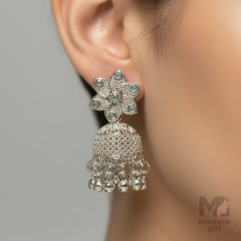 Silver-Plated Floral Jhumka Earrings