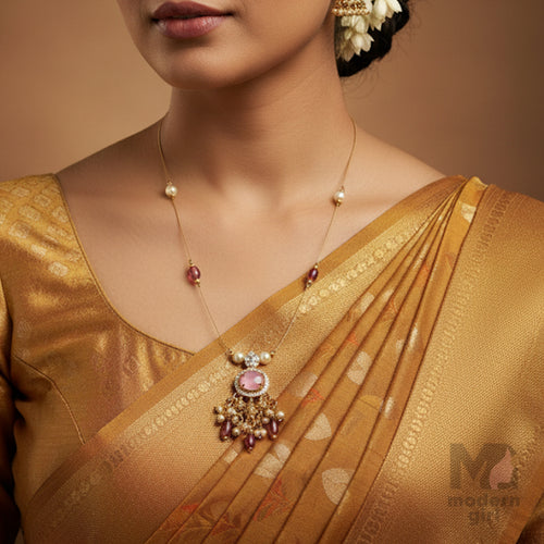 Invisible Chain Temple Necklace with Ruby & Pearl Drops
