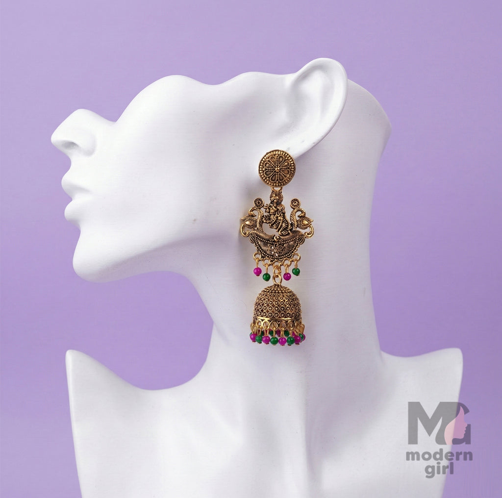 Traditional Radha Krishna Antique Temple Jhumka Earrings