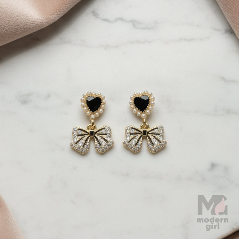 Black Heart & Bow Drop Earrings with Pearl and Crystal Detailing – Elegant Party Wear Jewelry