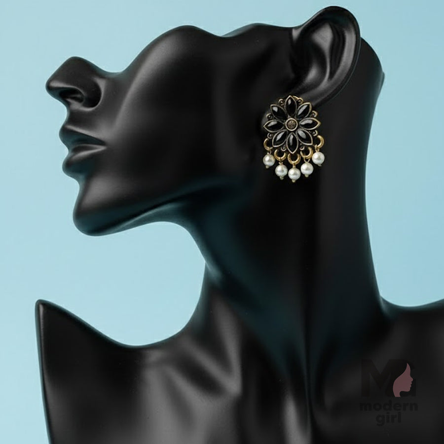 Black Floral Pearl Drop Stud Earrings