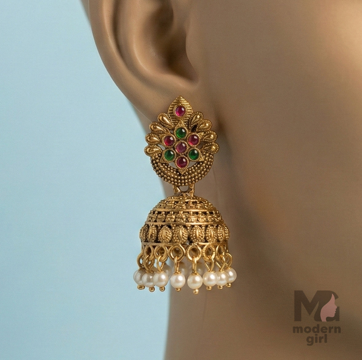 Antique Gold Multi-Stone Jhumka Earrings with Pearl Drops