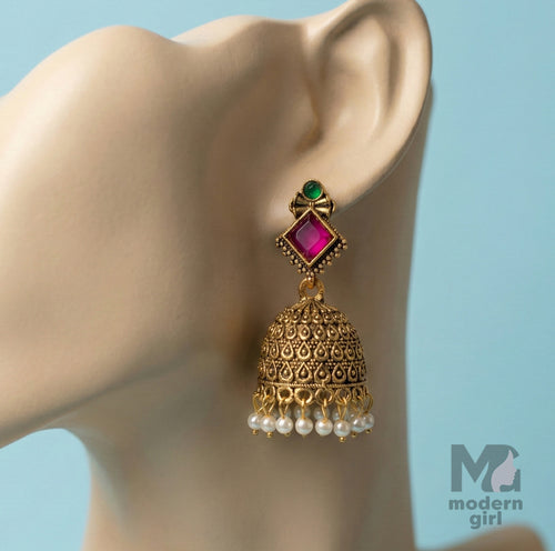 Antique Gold Jhumka Earrings with Ruby Stone & Pearl Drops