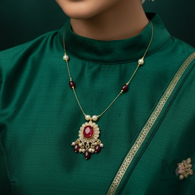Invisible Chain Necklace with Ruby Stone & Pearl Drops