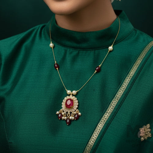 Invisible Chain Necklace with Ruby Stone & Pearl Drops
