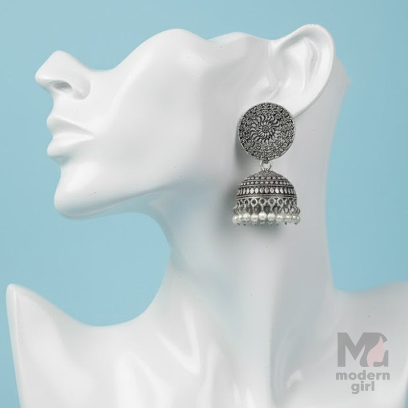 German Silver Sun Motif Jhumka Earrings with Pearl Drops