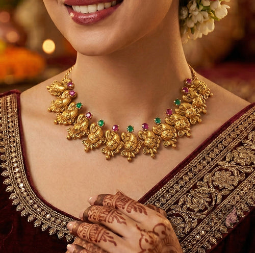 Premium Temple Jewellery Necklace Set for Women – Antique Gold Finish with Earrings (2 Piece Set)