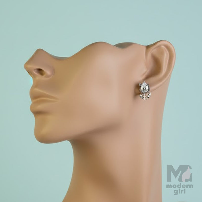 Crystal Flower Stud Earrings – Silver Finish