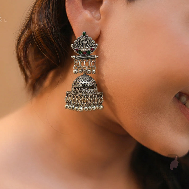 Oxidized Silver Dome Jhumka Earrings with Intricate Temple Design