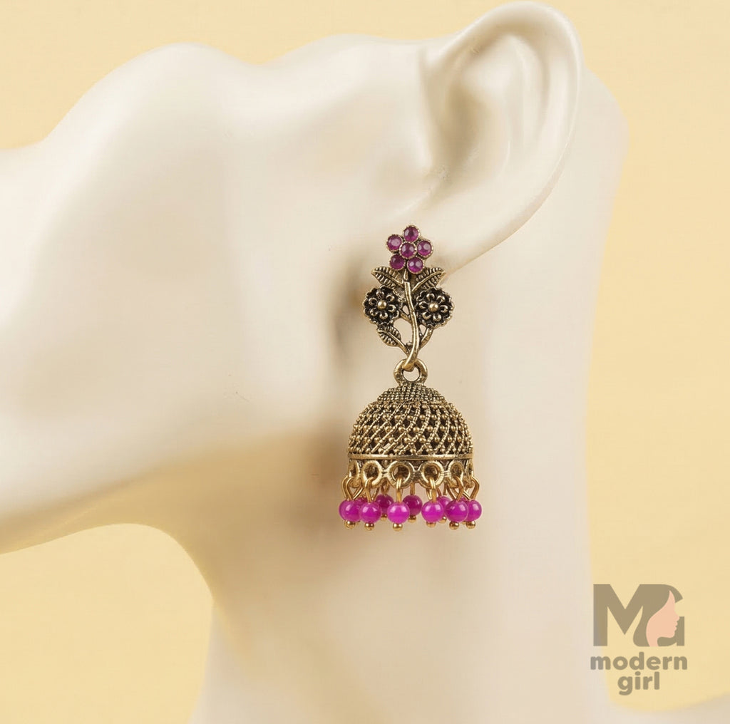 Floral Antique Jhumka Earrings with Bead Drops | Traditional Ethnic Jewelry for Women