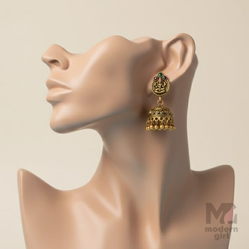 Antique Goddess Lakshmi Temple Jhumka with Kemp Stones