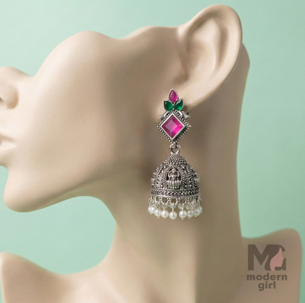 Oxidised Silver Temple Jhumka Earrings with Pink Stone & Pearl Drops