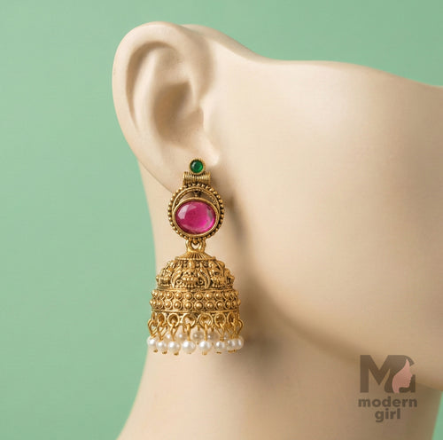 Royal Antique Gold Temple Jhumka Earrings with Ruby Stone & Pearl Drops