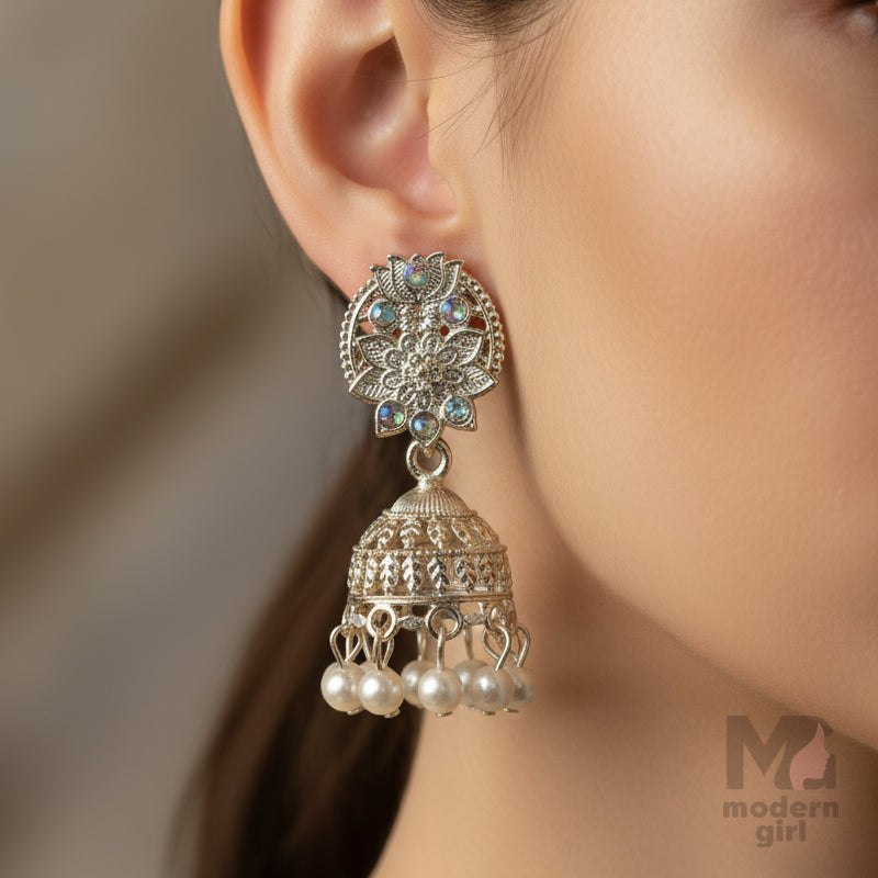 Silver-Plated Pearl Drop Jhumka Earrings with Stone Floral Stud