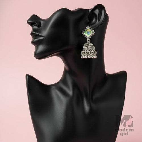 Oxidised Peacock Eye Square Stud Jhumka Earrings