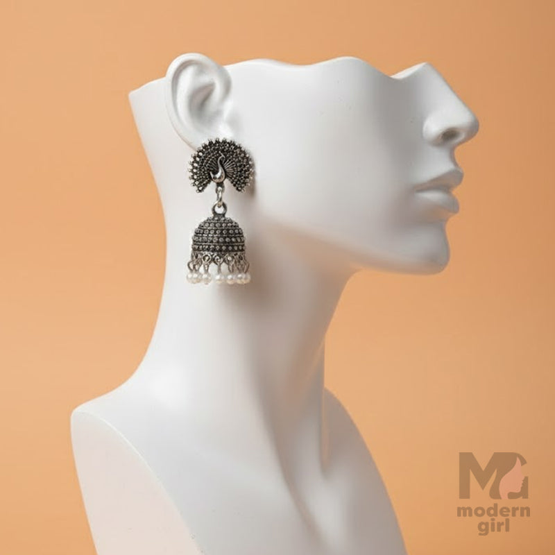Oxidised Peacock Feather Jhumka