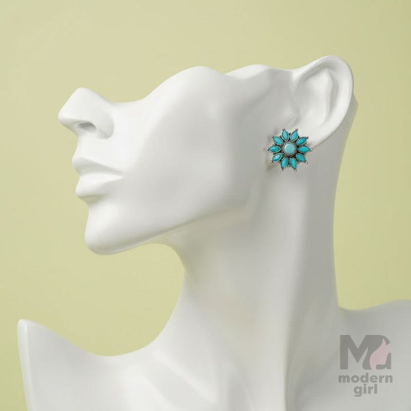 Floral With Stone German Silver Stud Earrings