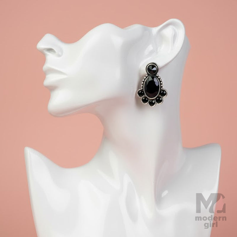 Black Stone German Silver Stud Earrings
