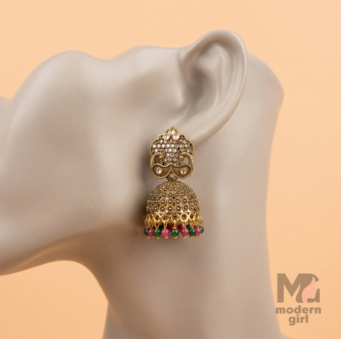 Royal Pearl Antique Jhumka Earrings – Ethnic Gold Bead Design
