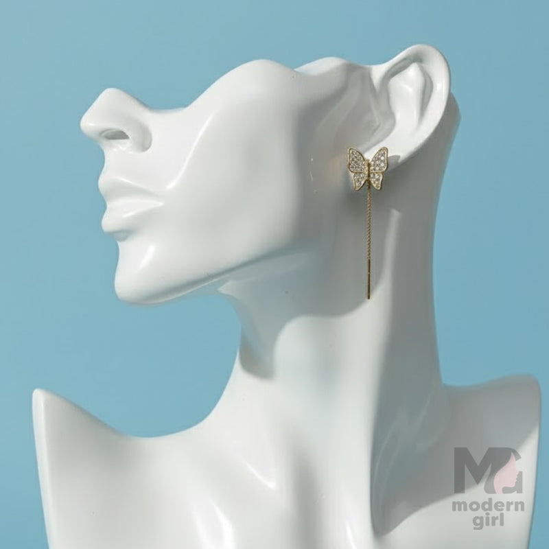 Gold Butterfly Chain Drop Earrings with Crystal Stones