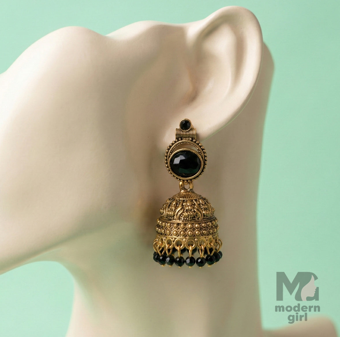 Antique Gold Red Stone Jhumka Earrings with Bead Drops