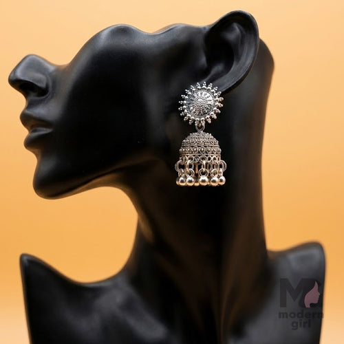Sunburst Stud Oxidised Jhumka Earrings – Silver Tone