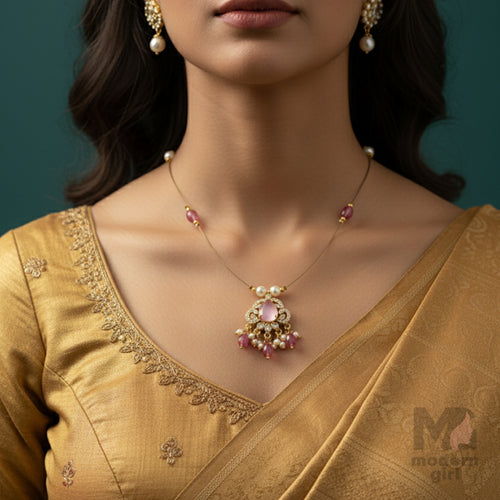 Invisible Chain Necklace with Pink Stone & Pearls
