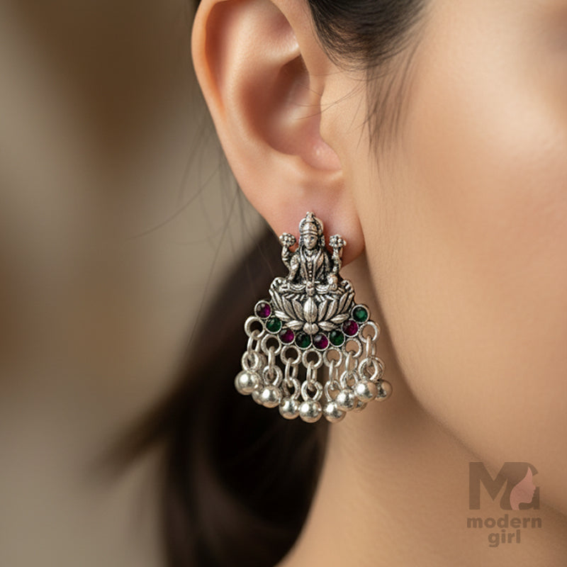 Oxidised Lakshmi Temple with Bead Drops Earrings