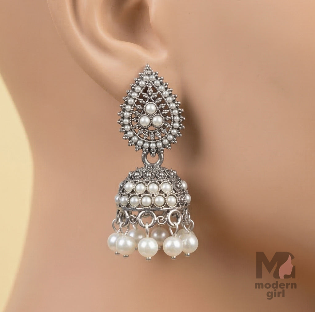 Pearl Studded Oxidized Silver Jhumka Earrings for Women