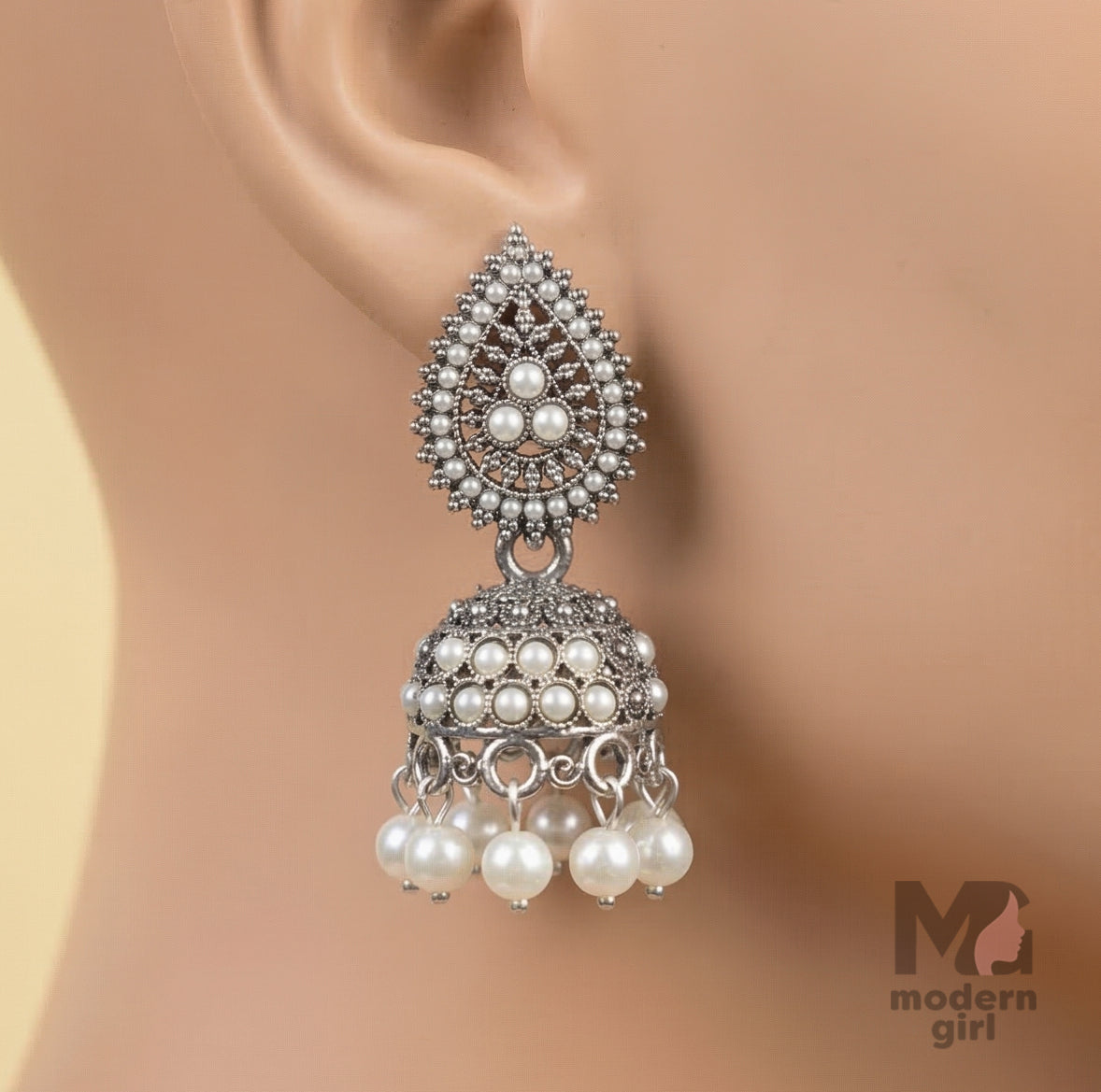 Pearl Studded Oxidized Silver Jhumka Earrings for Women