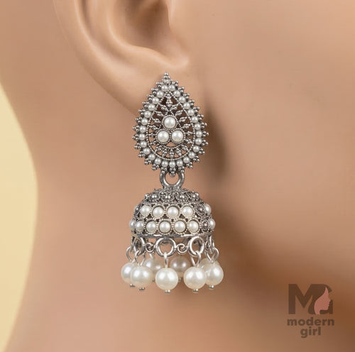 Pearl Studded Oxidized Silver Jhumka Earrings for Women