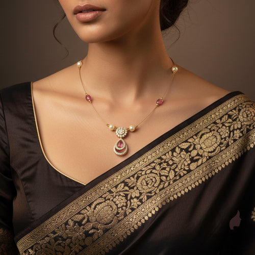 Invisible Chain Ruby & Pearl Floating Pendant Necklace
