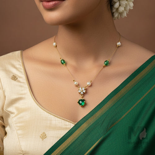 Invisible Chain Necklace with Green Pendant & Pearls