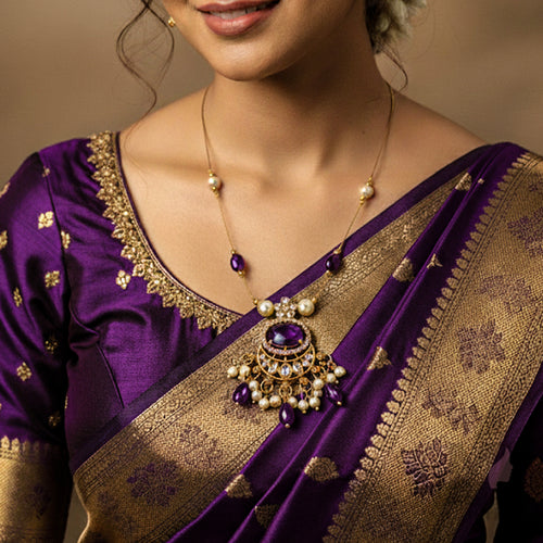 Invisible Chain Necklace with Purple Stone & Pearls