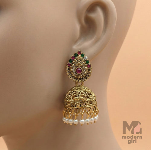 Traditional Temple Antique Jhumka with Pearls