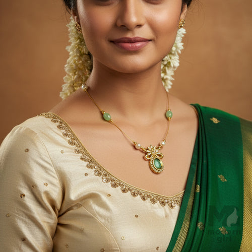 Invisible Chain Necklace with Oval Green Stone & Pearls