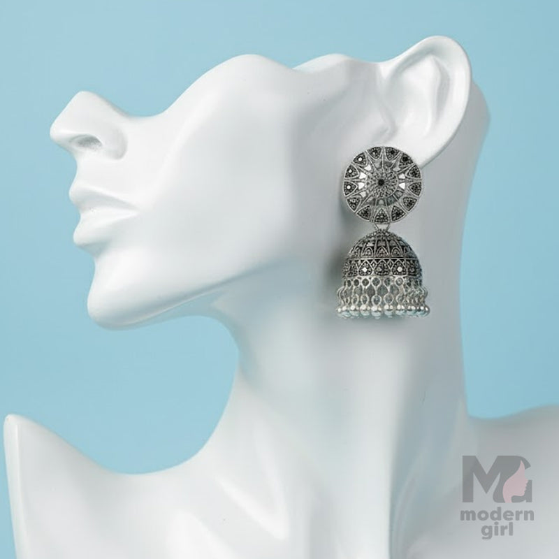 German Silver Mandala Sunburst Jhumka Earrings