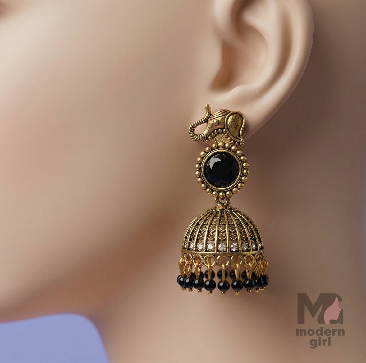 Elephant Motif Temple Jhumka Earrings with Stone & Beaded Drops