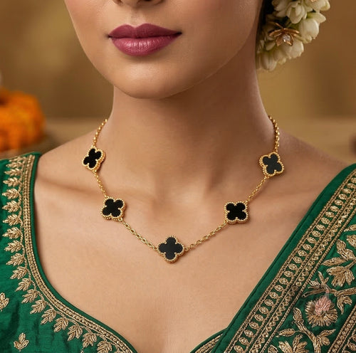 Luxury Clover Gold Necklace with Black Enamel Charms