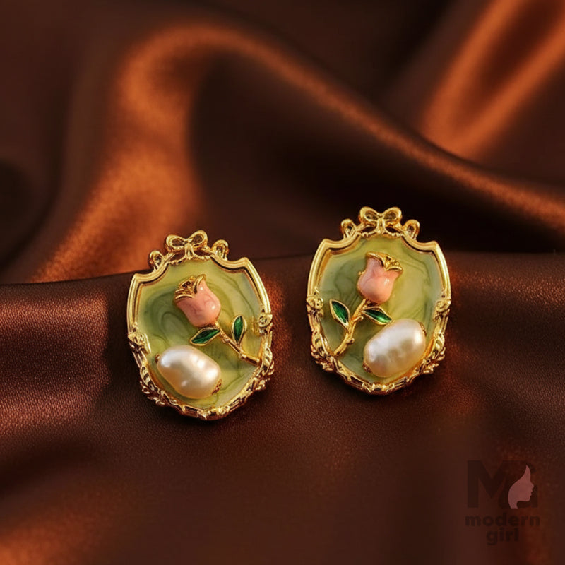 Vintage Rose & Pearl Enamel Earrings – Elegant Floral Studs for Women