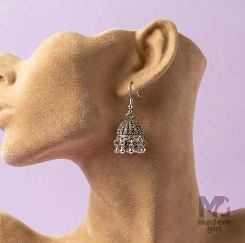 Oxidised Silver Hook Jhumka Earrings with Dangling Beads for Women